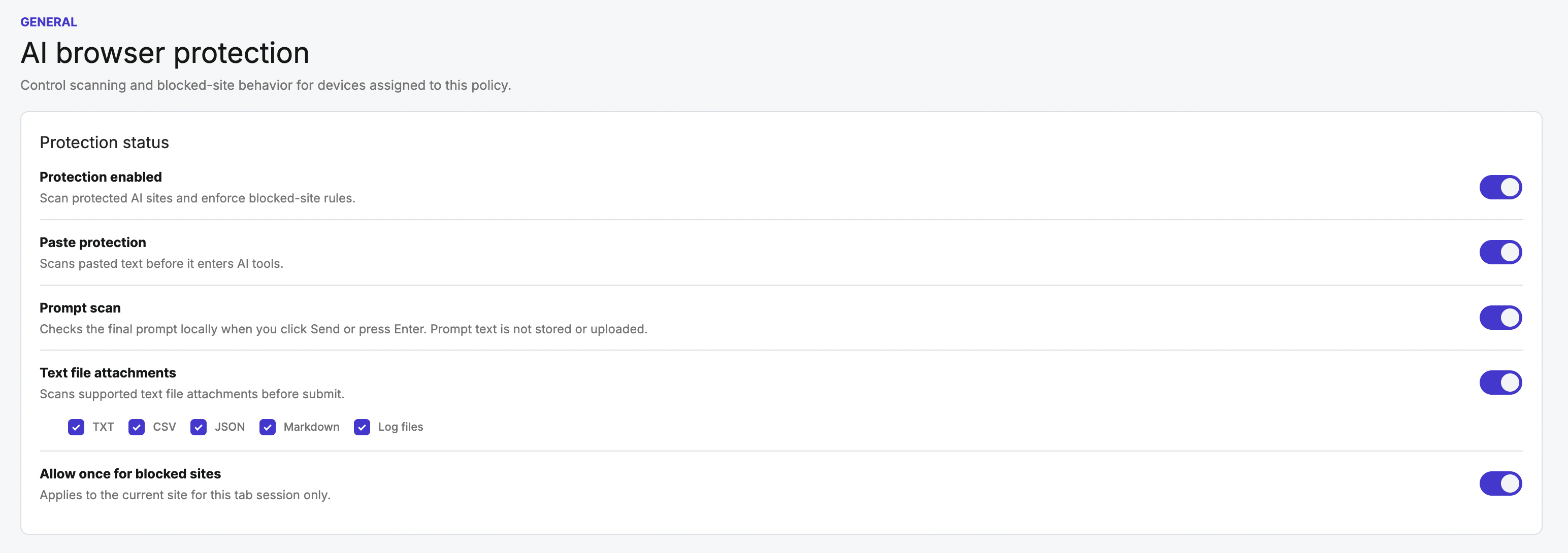 InputGuard browser protection settings — protection, paste, prompt scan, attachment scanning, and blocked-site controls