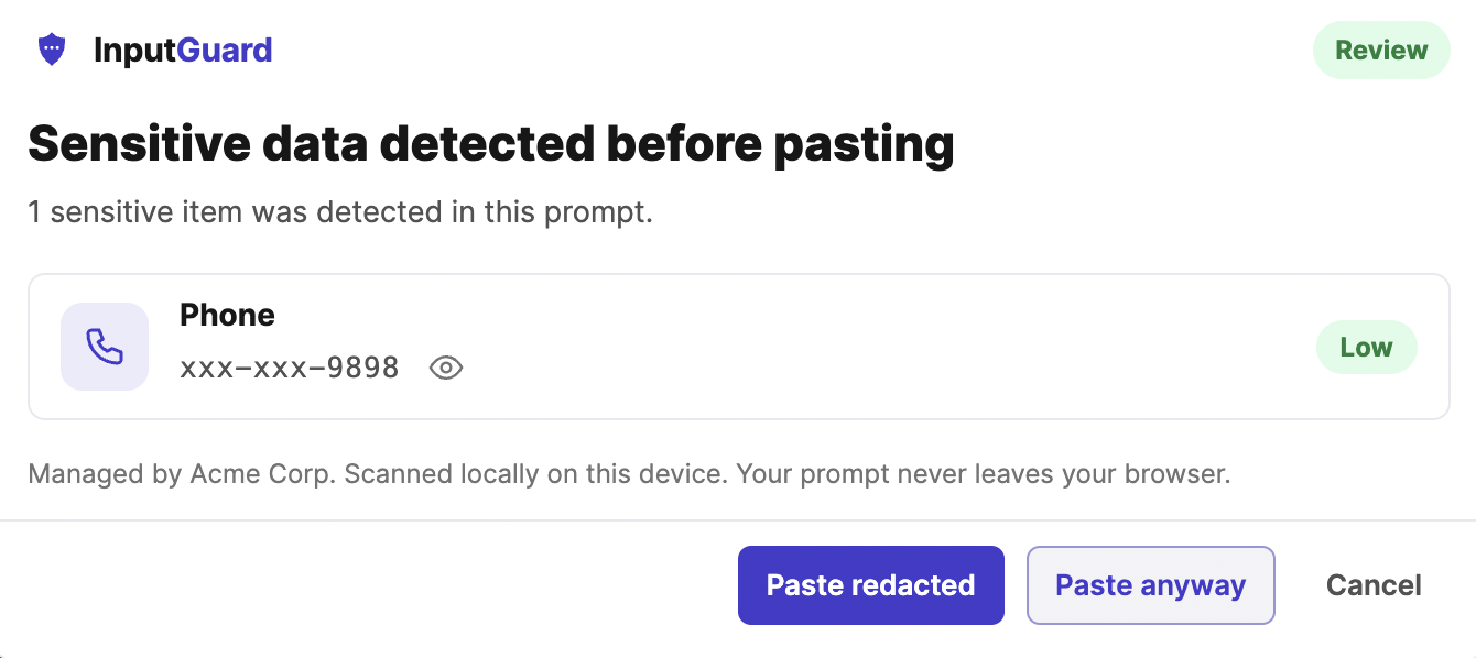 InputGuard review prompt showing a detected phone number with options to send redacted, send anyway, or cancel.